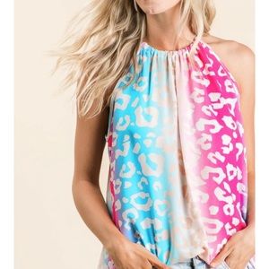 Bibi halter tank pink aqua leopard xl NWOT